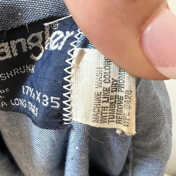 VTG Wrangler Mens 17.5 Western Blue Brushpopper Shirt Long Tails Pearl Snap USA - Picture 3 of 12